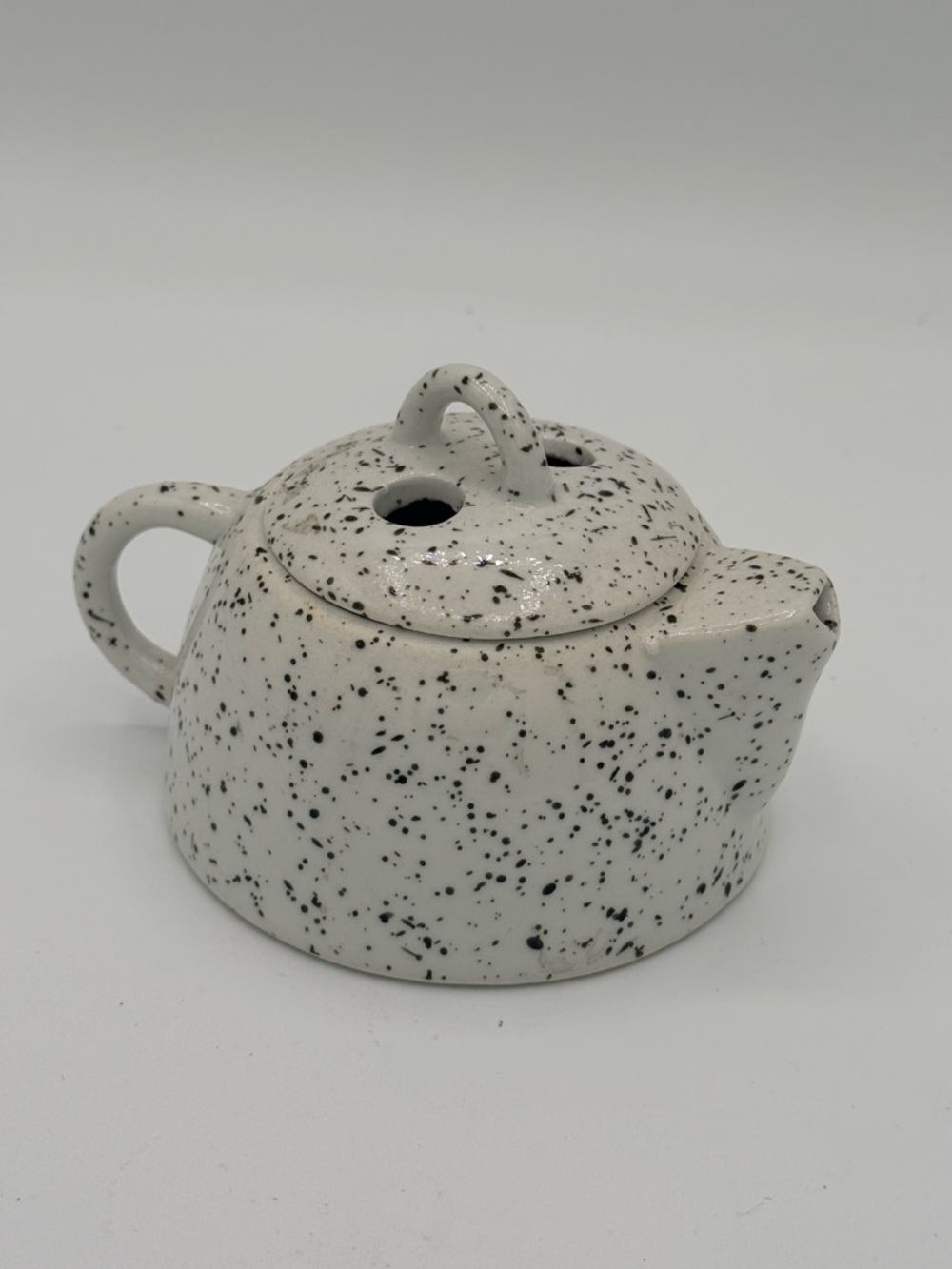 Mini Vintage Speckled Ceramic Teapot with Lid- White Black Design